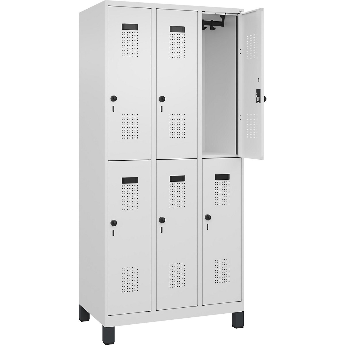 Cacifo de dois andares Evolo PLUS – C+P, 3 compartimentos, branco trânsito, L 900 mm, com pés largos, trinco rotativo-0