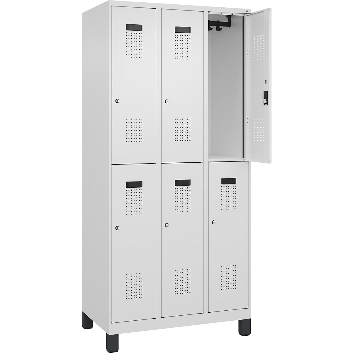 Cacifo de dois andares Evolo PLUS – C+P, 3 compartimentos, branco trânsito, L 900 mm, com pés largos, fechadura de cilindro-0
