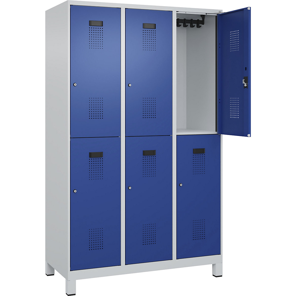 Cacifo de dois andares Evolo PLUS – C+P, 3 compartimentos, cinzento claro/azul genciana, L 1200 mm, com pés largos, fechadura de cilindro-0