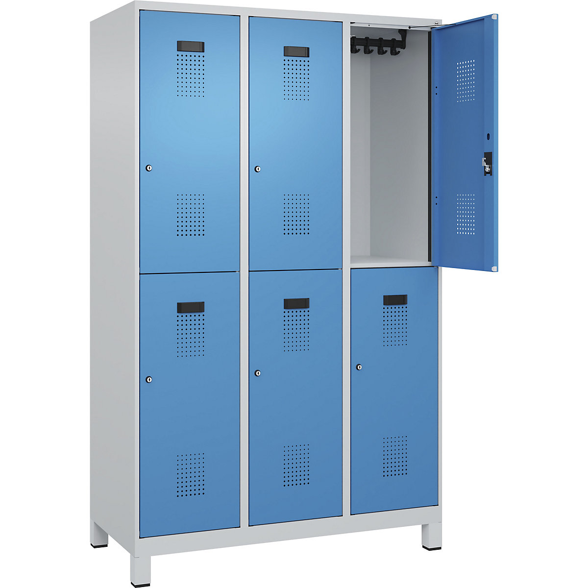 Cacifo de dois andares Evolo PLUS – C+P, 3 compartimentos, cinzento claro/azul claro, L 1200 mm, com pés largos, fechadura de cilindro-0