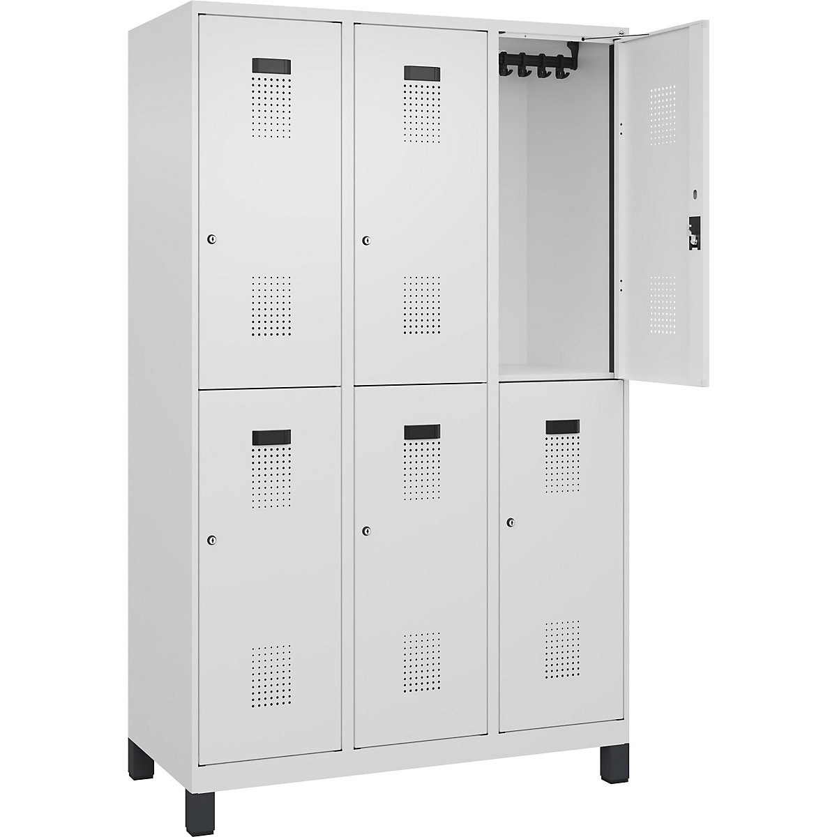 Cacifo de dois andares Evolo PLUS – C+P, 3 compartimentos, branco trânsito, L 1200 mm, com pés largos, fechadura de cilindro-0
