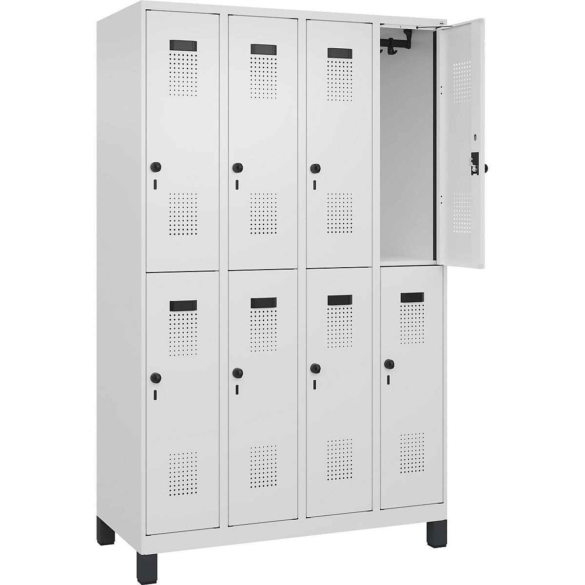 Cacifo de dois andares Evolo PLUS – C+P, 4 compartimentos, branco trânsito, L 1200 mm, com pés largos, trinco rotativo-0