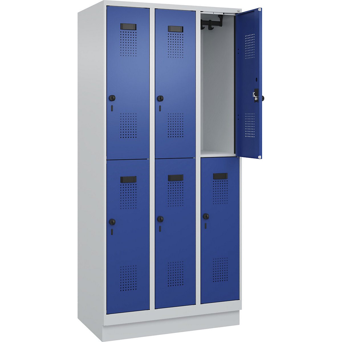 Cacifo de dois andares Evolo PLUS – C+P, 3 compartimentos, cinzento claro/azul genciana, L 900 mm, com rodapé, trinco rotativo-0