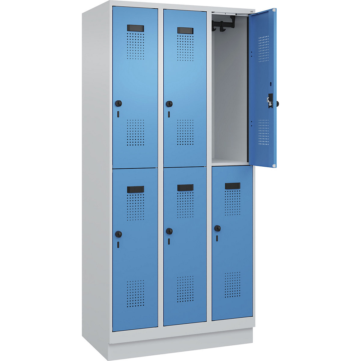 Cacifo de dois andares Evolo PLUS – C+P, 3 compartimentos, cinzento claro/azul claro, L 900 mm, com rodapé, trinco rotativo-0