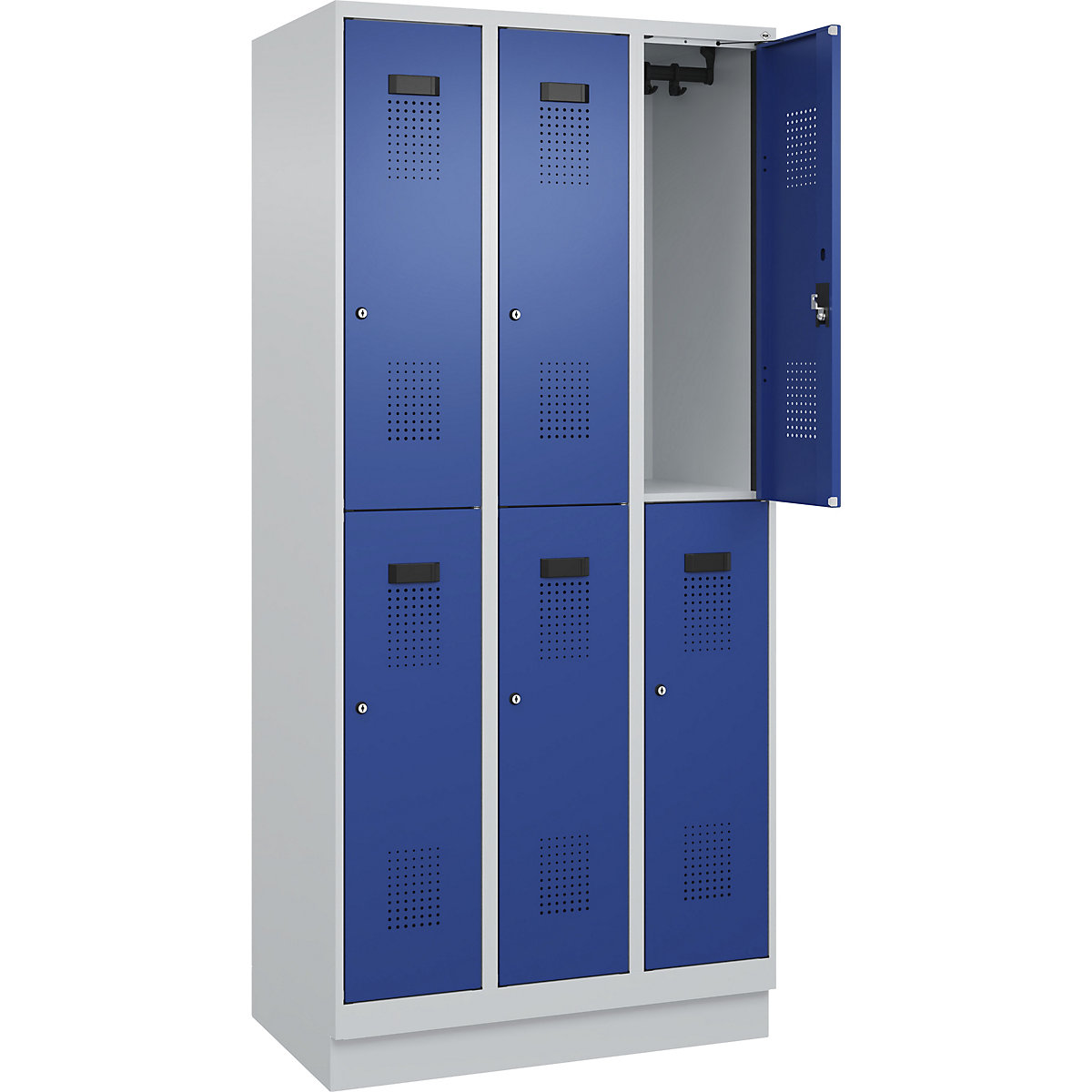 Cacifo de dois andares Evolo PLUS – C+P, 3 compartimentos, cinzento claro/azul genciana, L 900 mm, com rodapé, fechadura de cilindro-0