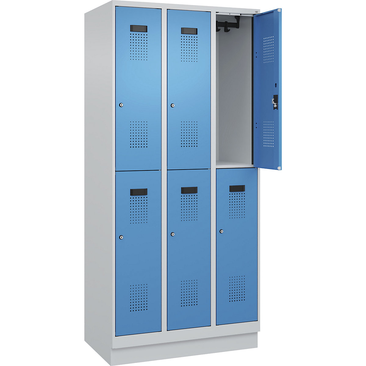 Cacifo de dois andares Evolo PLUS – C+P, 3 compartimentos, cinzento claro/azul claro, L 900 mm, com rodapé, fechadura de cilindro-0