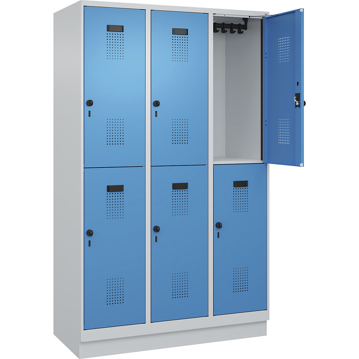 Cacifo de dois andares Evolo PLUS – C+P, 3 compartimentos, cinzento claro/azul claro, L 1200 mm, com rodapé, trinco rotativo-0