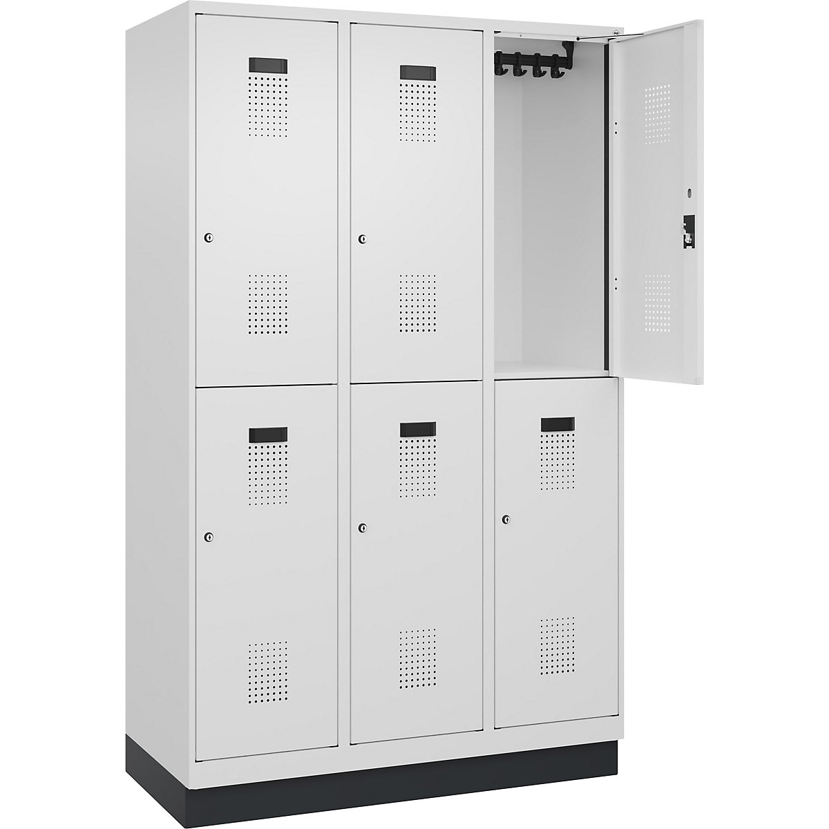 Cacifo de dois andares Evolo PLUS – C+P, 3 compartimentos, branco trânsito, L 1200 mm, com rodapé, fechadura de cilindro-0