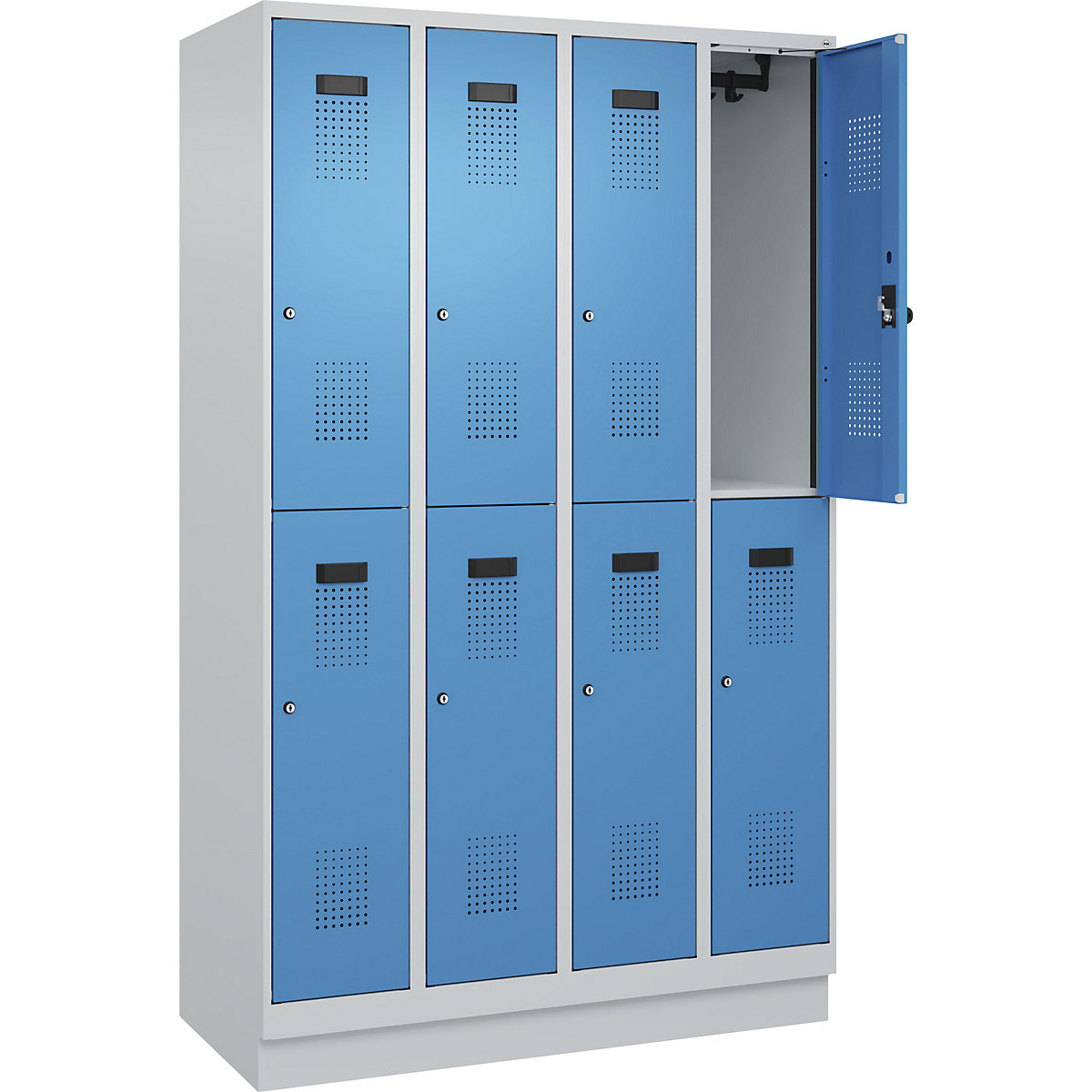 Cacifo de dois andares Evolo PLUS – C+P, 4 compartimentos, cinzento claro/azul claro, L 1200 mm, com rodapé, fechadura de cilindro-0