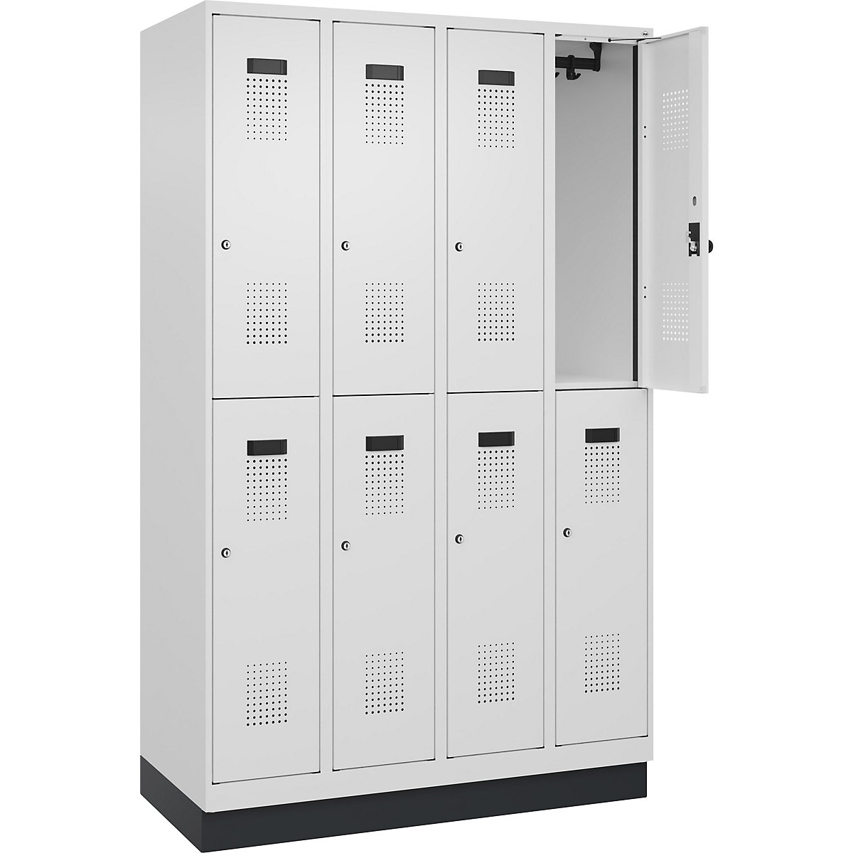 Cacifo de dois andares Evolo PLUS – C+P, 4 compartimentos, branco trânsito, L 1200 mm, com rodapé, fechadura de cilindro-0