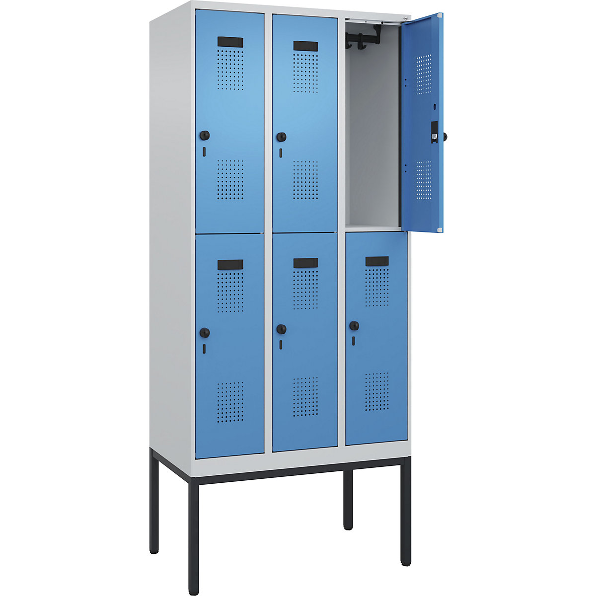 Cacifo de dois andares Evolo PLUS – C+P, 3 compartimentos, cinzento claro/azul claro, L 900 mm, com pés estreitos, trinco rotativo-0