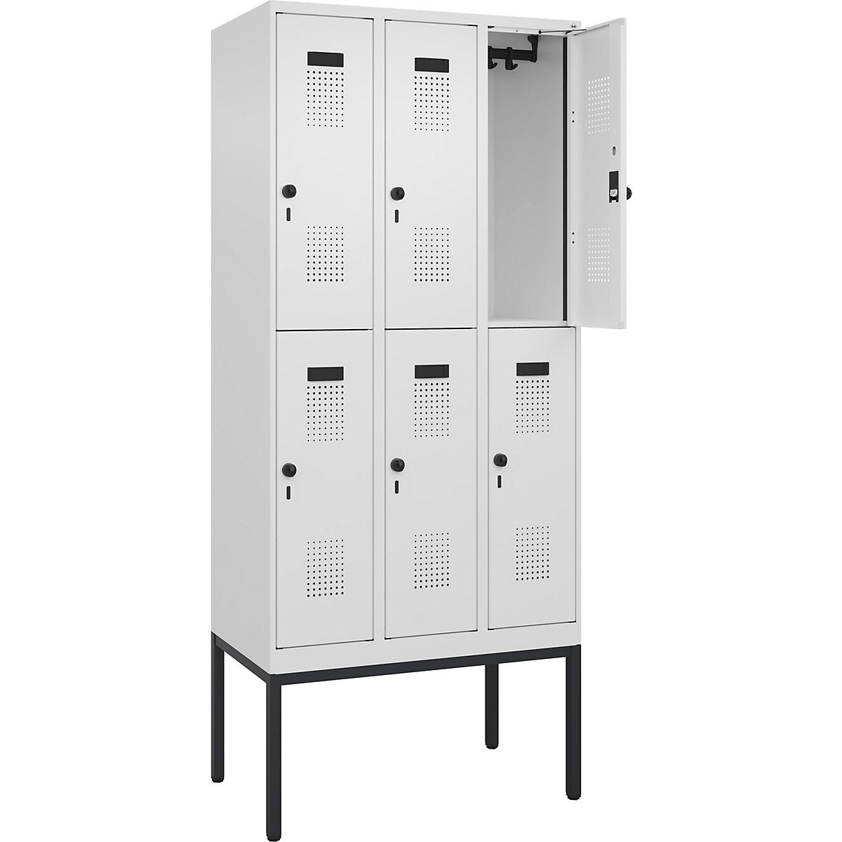 Cacifo de dois andares Evolo PLUS – C+P, 3 compartimentos, branco trânsito, L 900 mm, com pés estreitos, trinco rotativo-0