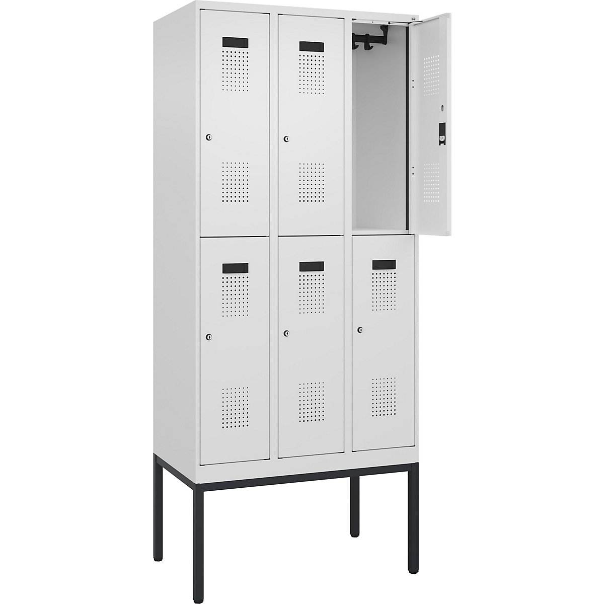 Cacifo de dois andares Evolo PLUS – C+P, 3 compartimentos, branco trânsito, L 900 mm, com pés estreitos, fechadura de cilindro-0