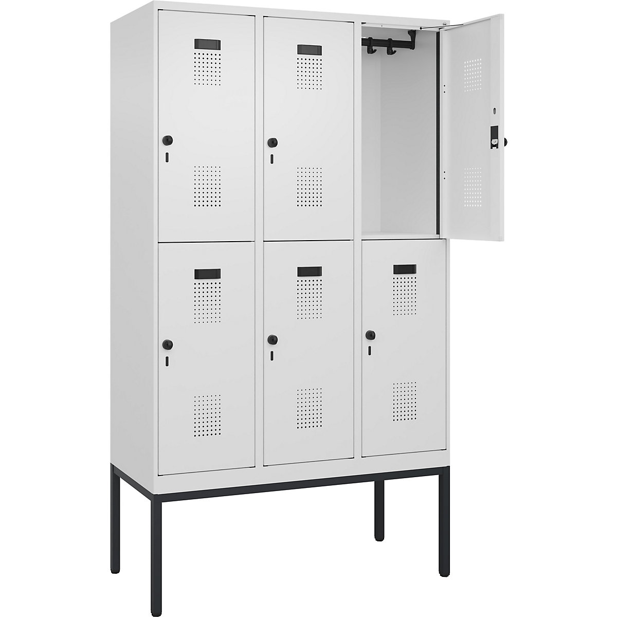 Cacifo de dois andares Evolo PLUS – C+P, 3 compartimentos, branco trânsito, L 1200 mm, com pés estreitos, trinco rotativo-0