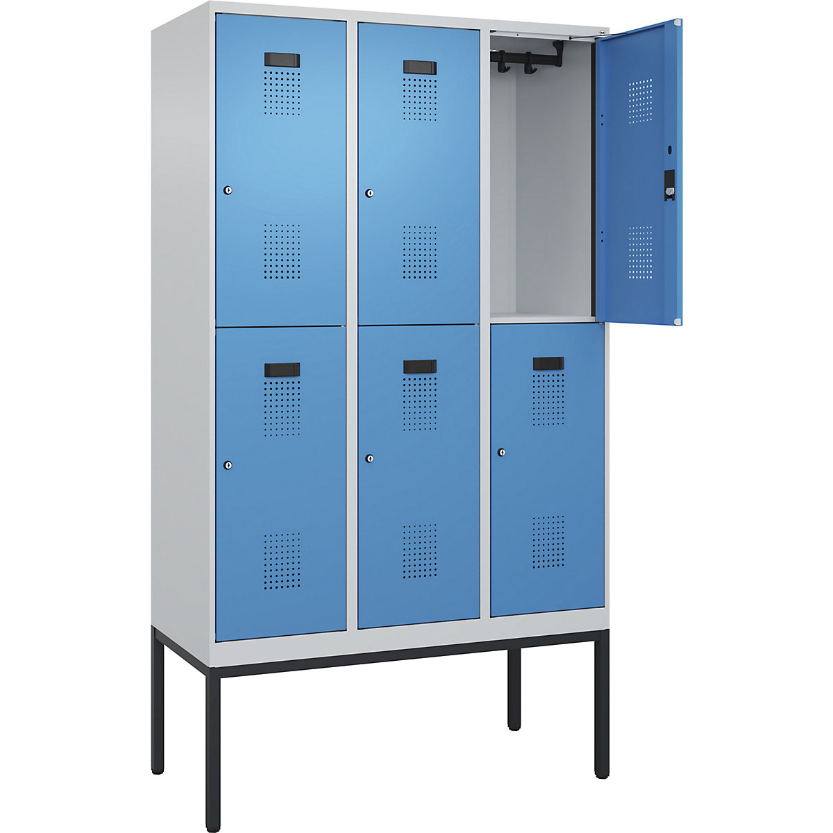 Cacifo de dois andares Evolo PLUS – C+P, 3 compartimentos, cinzento claro/azul claro, L 1200 mm, com pés estreitos, fechadura de cilindro-0