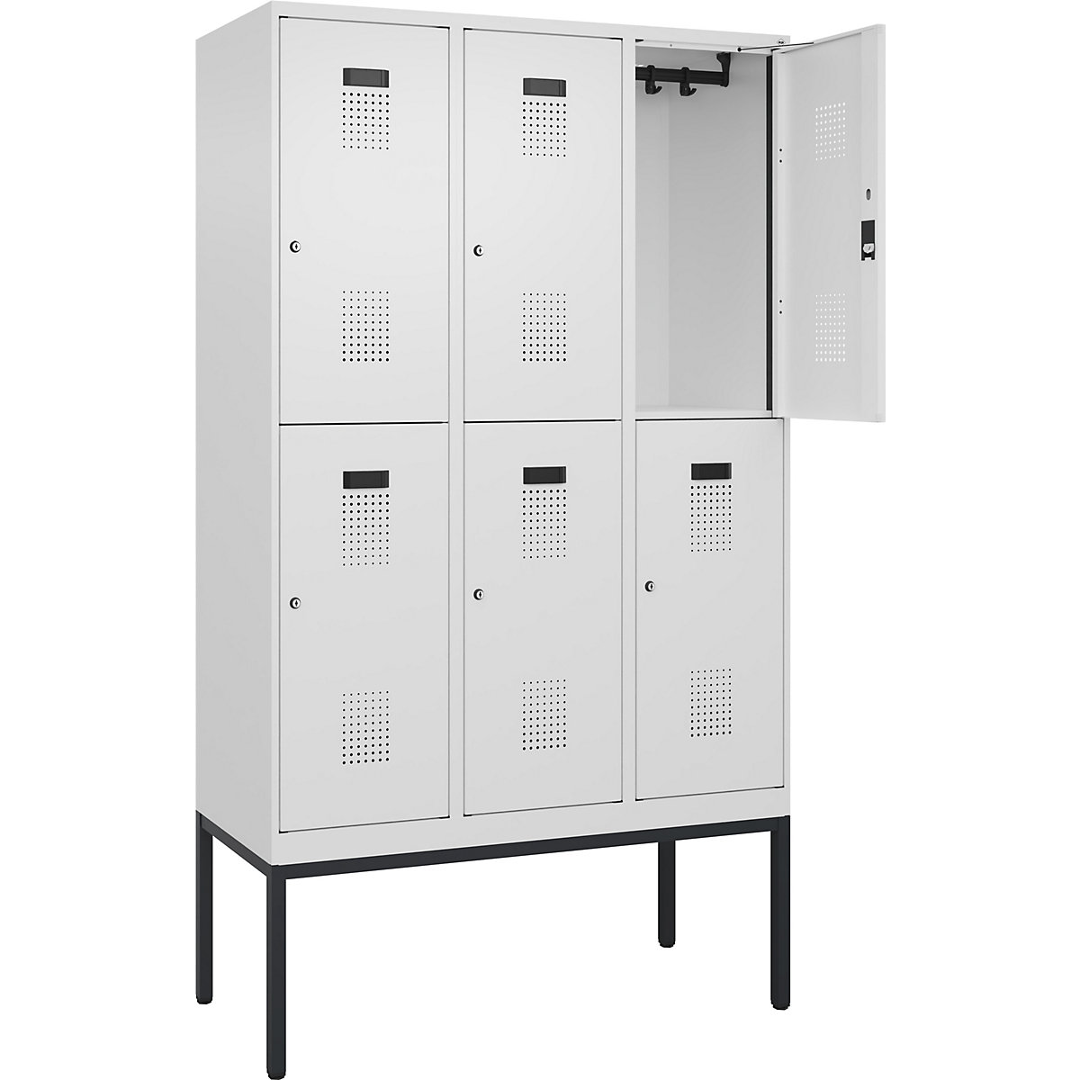 Cacifo de dois andares Evolo PLUS – C+P, 3 compartimentos, branco trânsito, L 1200 mm, com pés estreitos, fechadura de cilindro-0