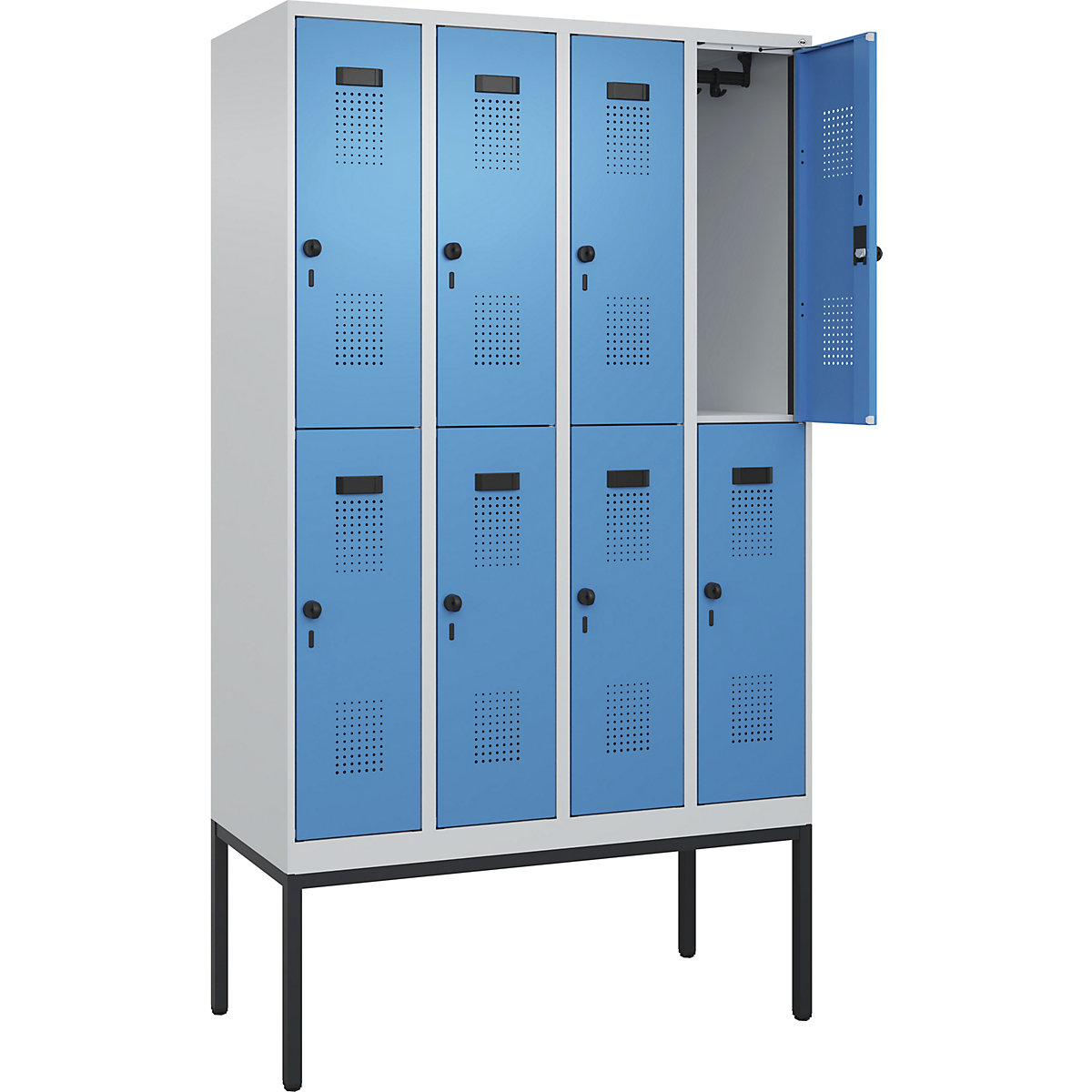 Cacifo de dois andares Evolo PLUS – C+P, 4 compartimentos, cinzento claro/azul claro, L 1200 mm, com pés estreitos, trinco rotativo-0