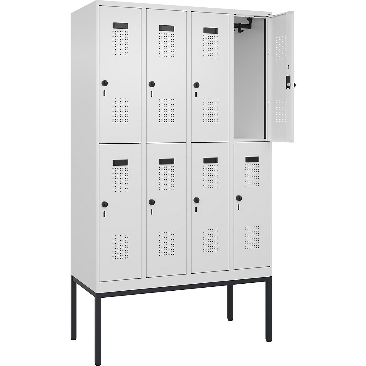 Cacifo de dois andares Evolo PLUS – C+P, 4 compartimentos, branco trânsito, L 1200 mm, com pés estreitos, trinco rotativo-0