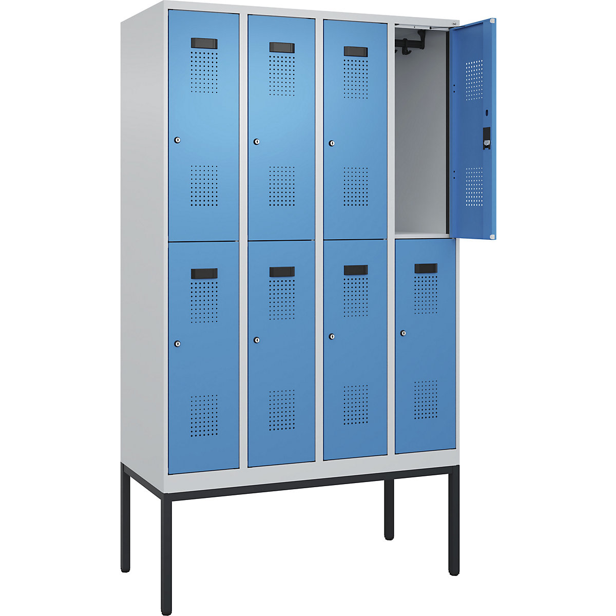 Cacifo de dois andares Evolo PLUS – C+P, 4 compartimentos, cinzento claro/azul claro, L 1200 mm, com pés estreitos, fechadura de cilindro-0