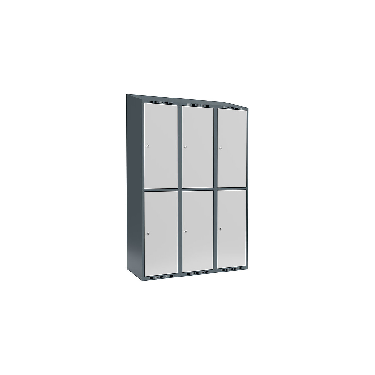 Cacifo de dois andares Fydor, 3 compartimentos, cinzento azulado/cinzento claro, L 1200 mm, 3 compartimentos, forma de teto inclinado, fechadura de cilindro-0