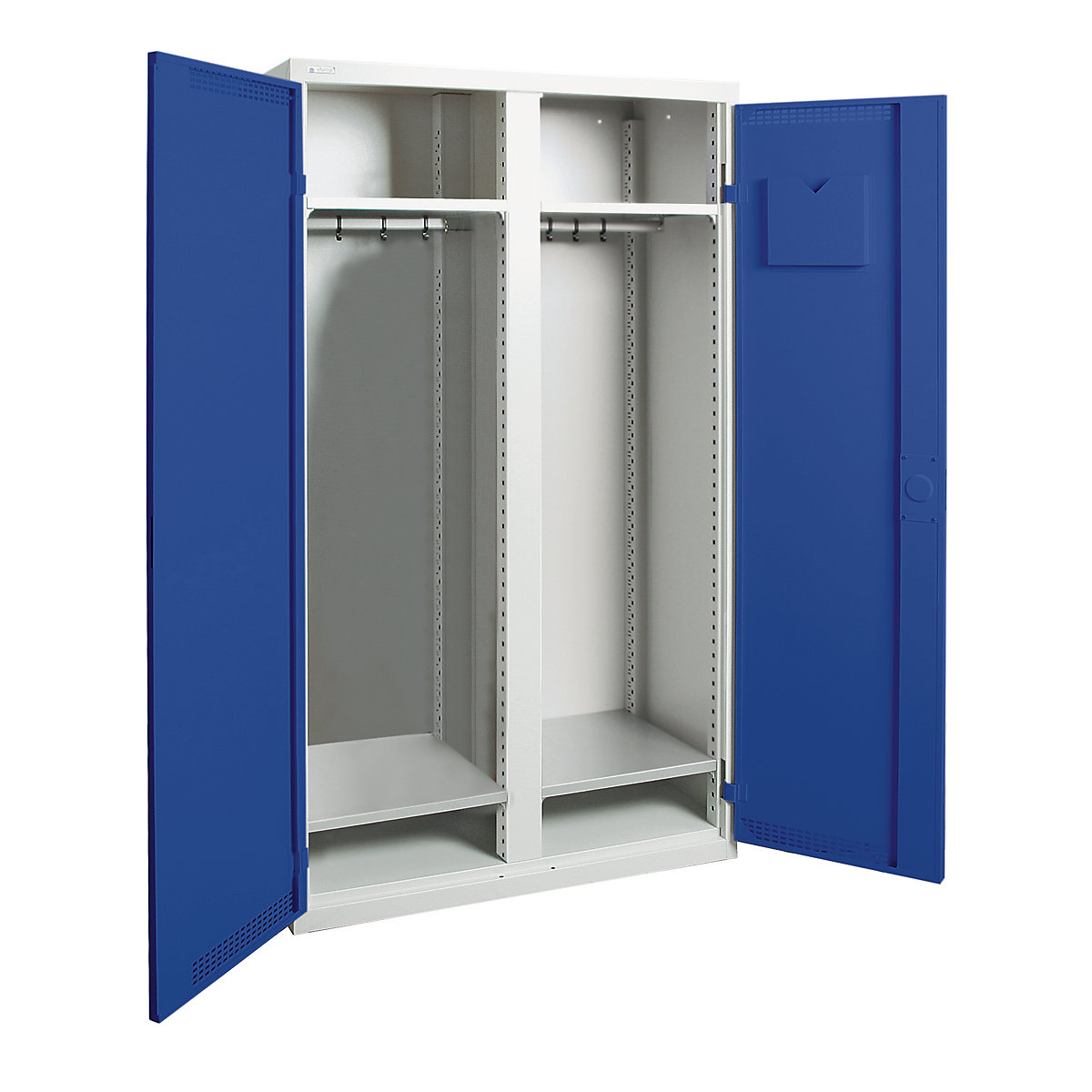 Cacifo de vestiário, 1 parede separadora central, 4 prateleiras, cinzento claro / azul genciana-0