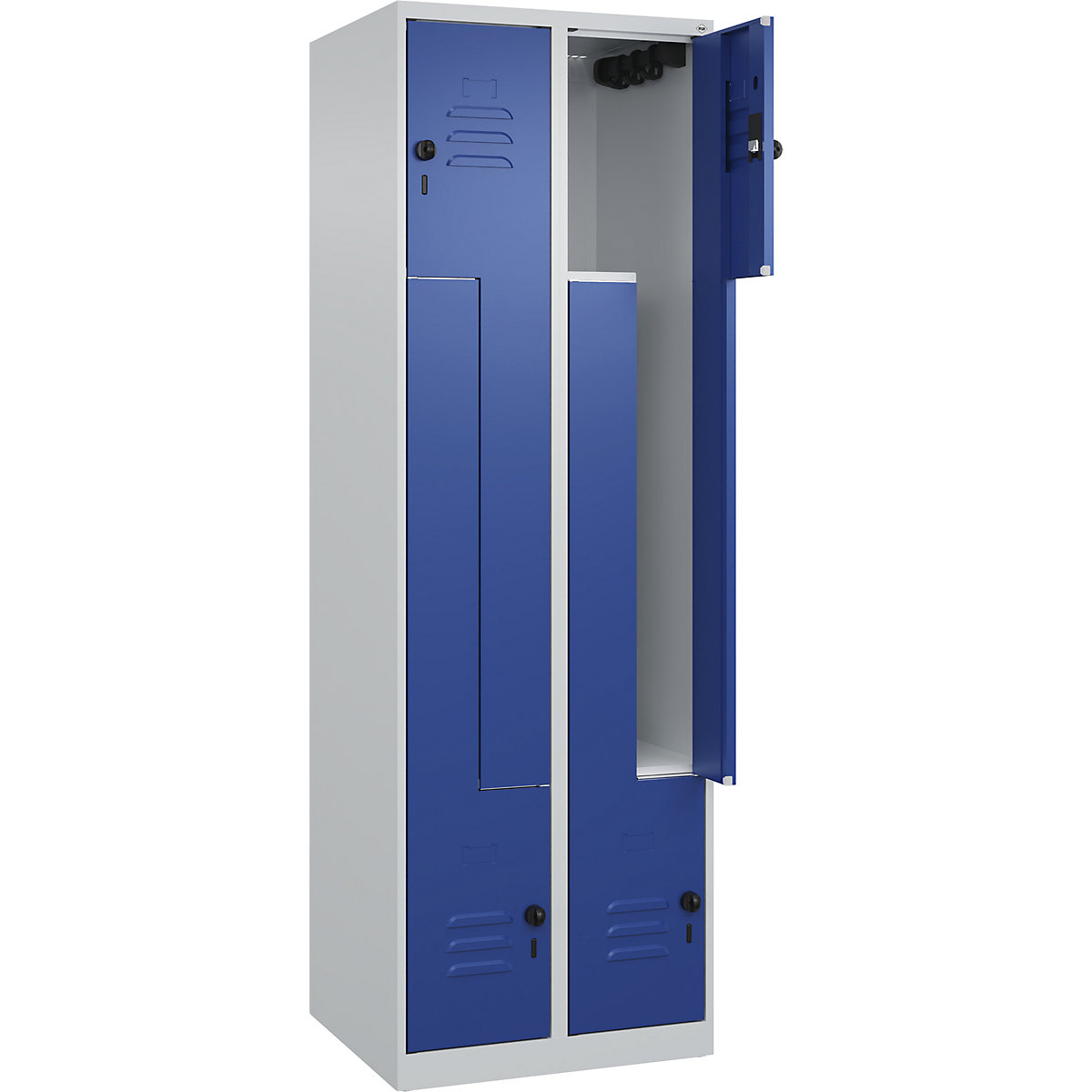 Cacifo em Z Classic PLUS – C+P, 2 compartimentos, cinzento claro/azul genciana, L 600 mm, com sapatas, trinco rotativo-0
