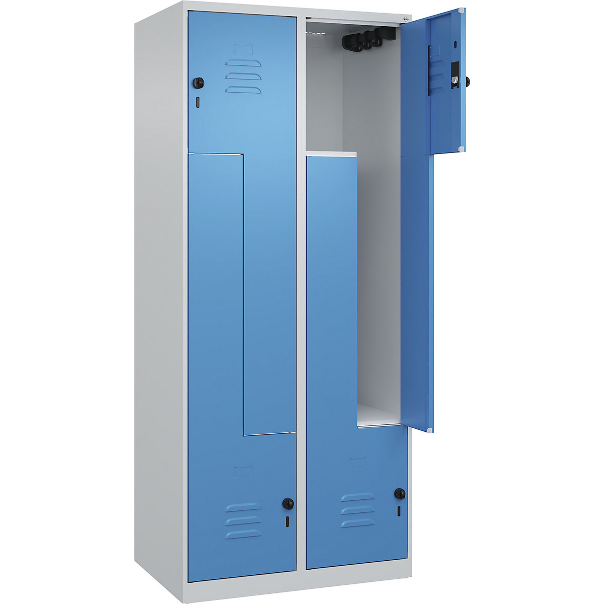 Cacifo em Z Classic PLUS – C+P, 2 compartimentos, cinzento claro/azul claro, L 800 mm, com sapatas, trinco rotativo-0