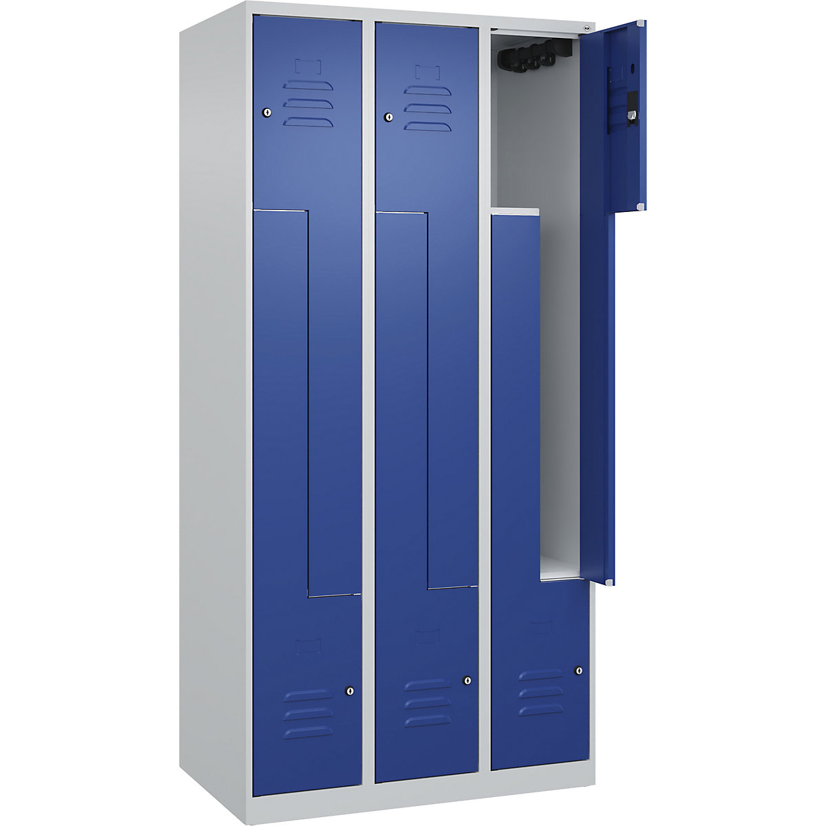Cacifo em Z Classic PLUS – C+P, 3 compartimentos, cinzento claro/azul genciana, L 900 mm, com sapatas, fechadura de cilindro-0