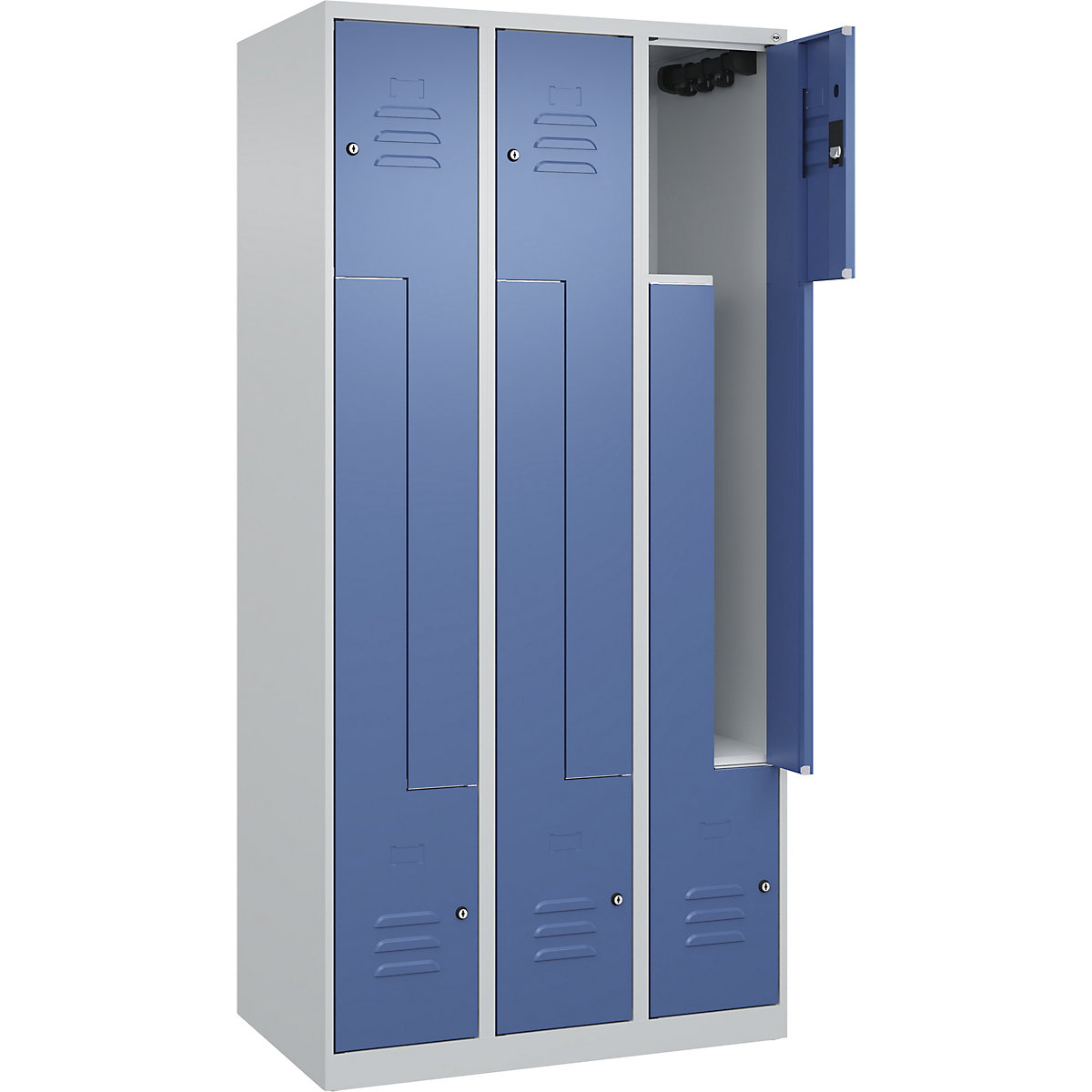Cacifo em Z Classic PLUS – C+P, 3 compartimentos, cinzento claro/azul distante, L 900 mm, com sapatas, fechadura de cilindro-0
