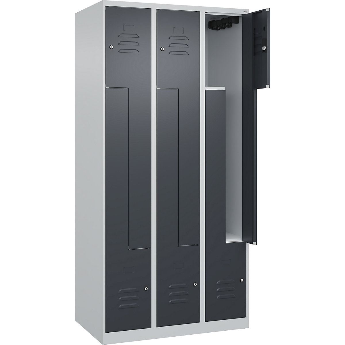 Cacifo em Z Classic PLUS – C+P, 3 compartimentos, cinzento claro/cinzento, L 900 mm, com sapatas, fechadura de cilindro-0