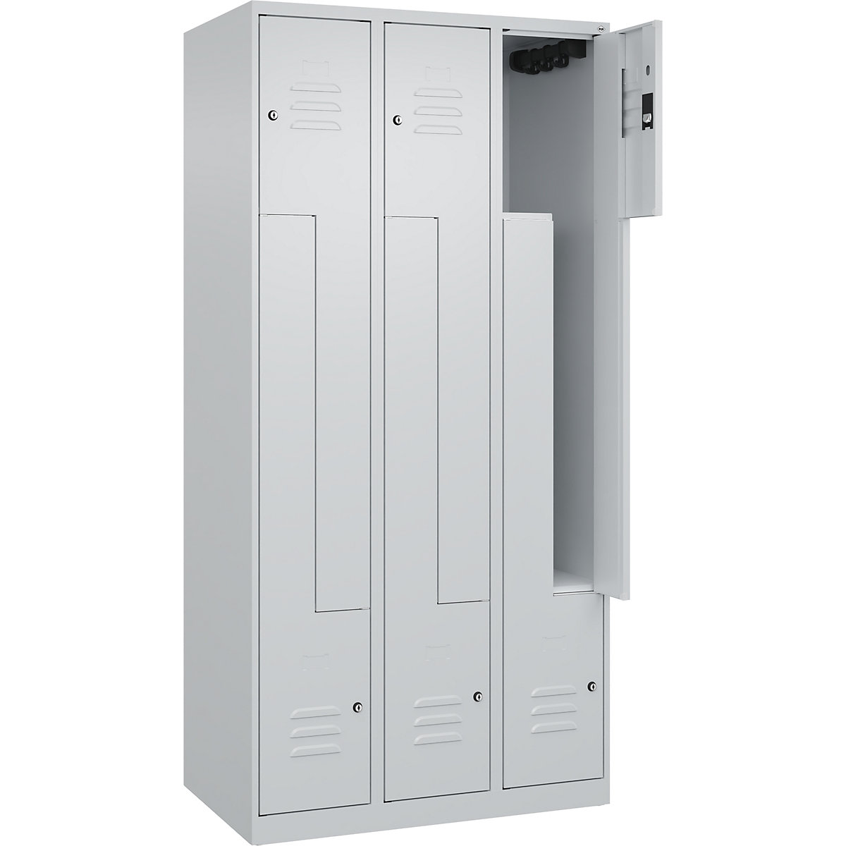 Cacifo em Z Classic PLUS – C+P, 3 compartimentos, cinzento claro, L 900 mm, com sapatas, fechadura de cilindro-0