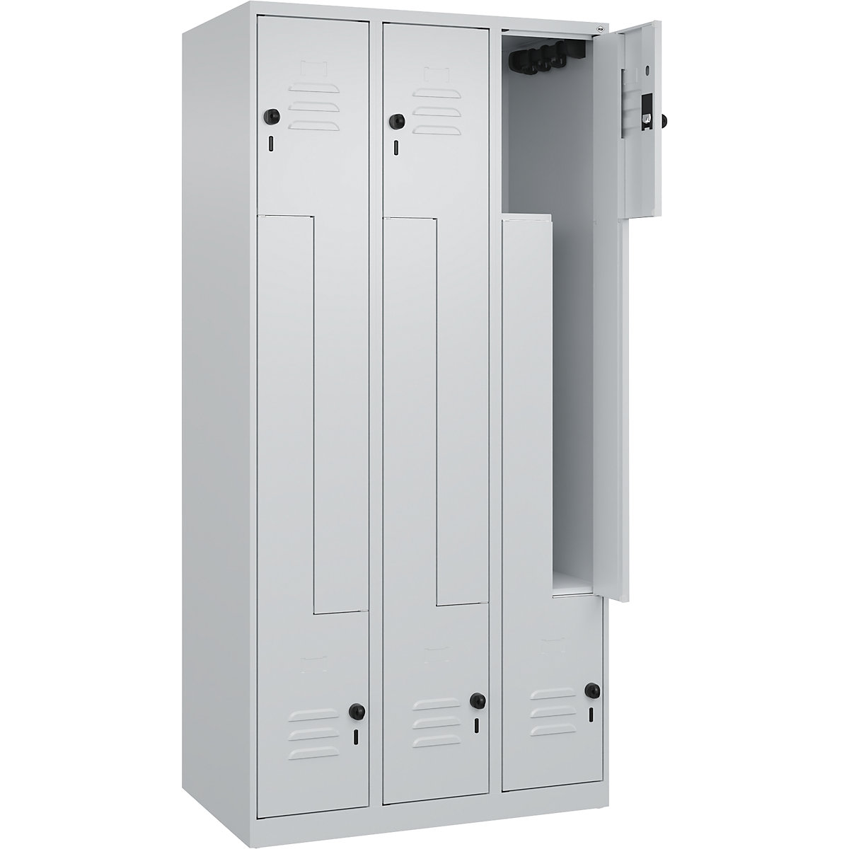 Cacifo em Z Classic PLUS – C+P, 3 compartimentos, cinzento claro, L 900 mm, com sapatas, trinco rotativo-0