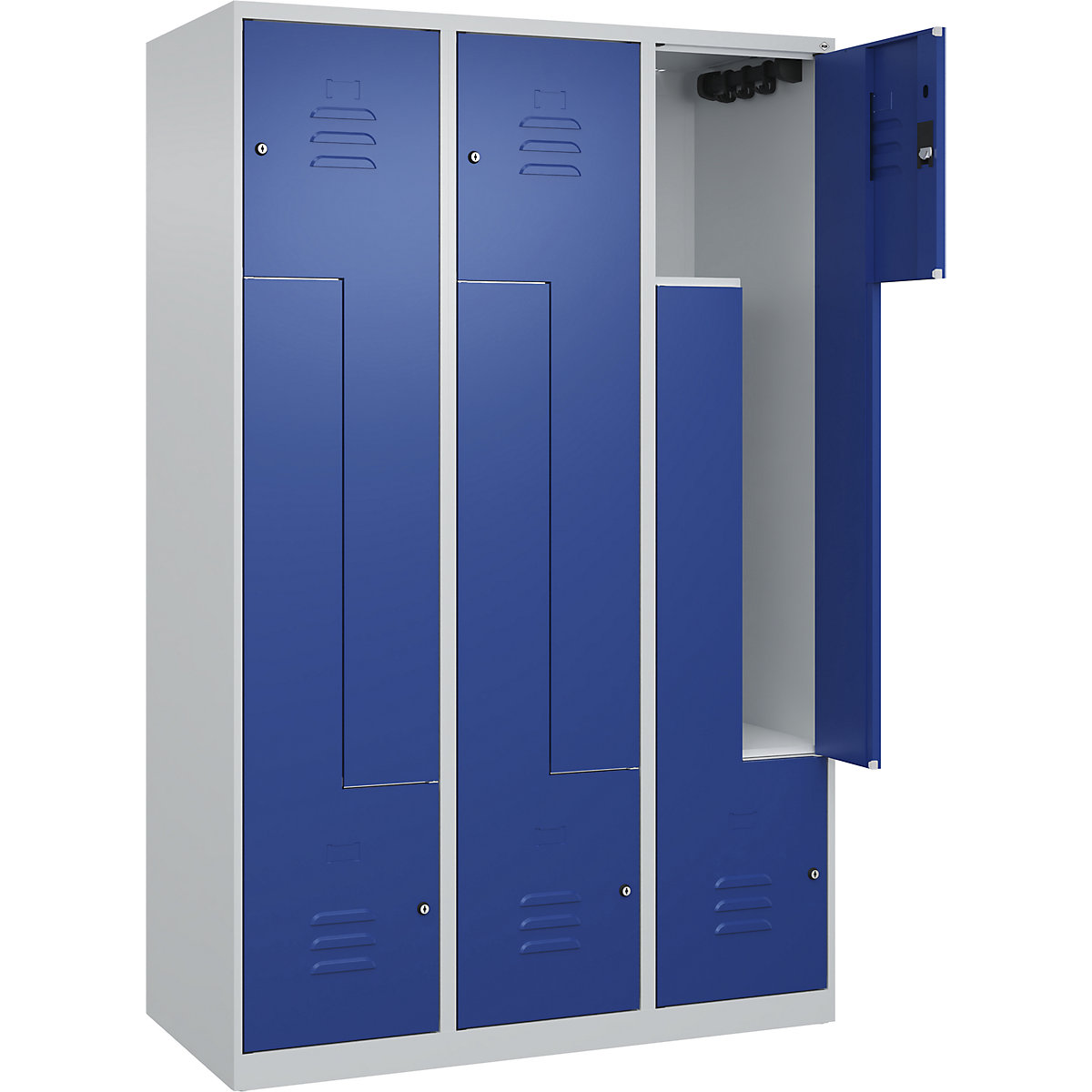 Cacifo em Z Classic PLUS – C+P, 3 compartimentos, cinzento claro/azul genciana, L 1200 mm, com sapatas, fechadura de cilindro-0