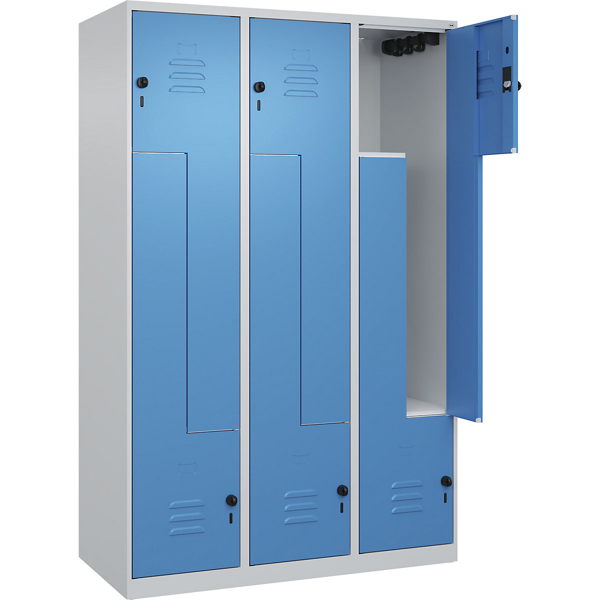 Cacifo em Z Classic PLUS – C+P, 3 compartimentos, cinzento claro/azul claro, L 1200 mm, com sapatas, trinco rotativo-0