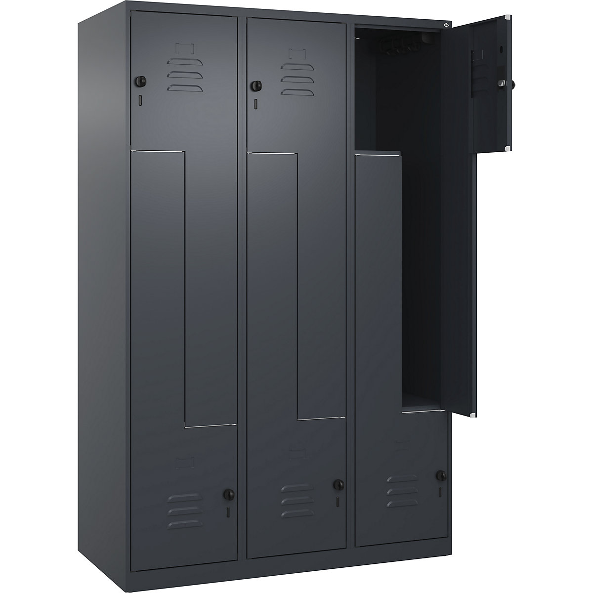Cacifo em Z Classic PLUS – C+P, 3 compartimentos, cinzento, L 1200 mm, com sapatas, trinco rotativo-0