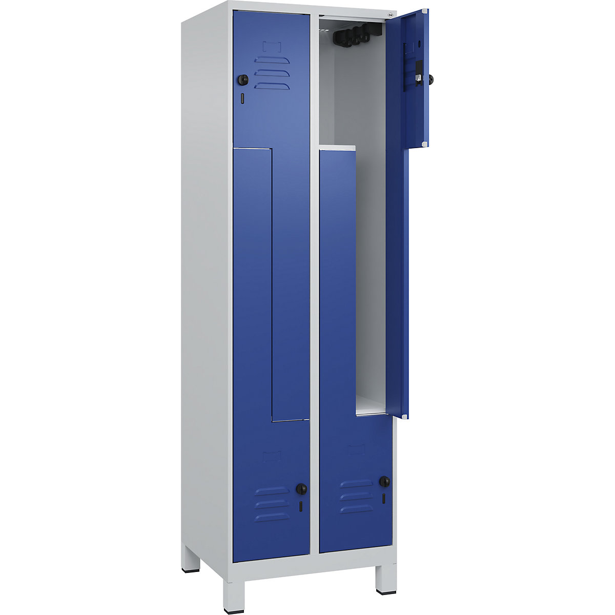 Cacifo em Z Classic PLUS – C+P, 2 compartimentos, cinzento claro/azul genciana, L 600 mm, com pés, trinco rotativo-0