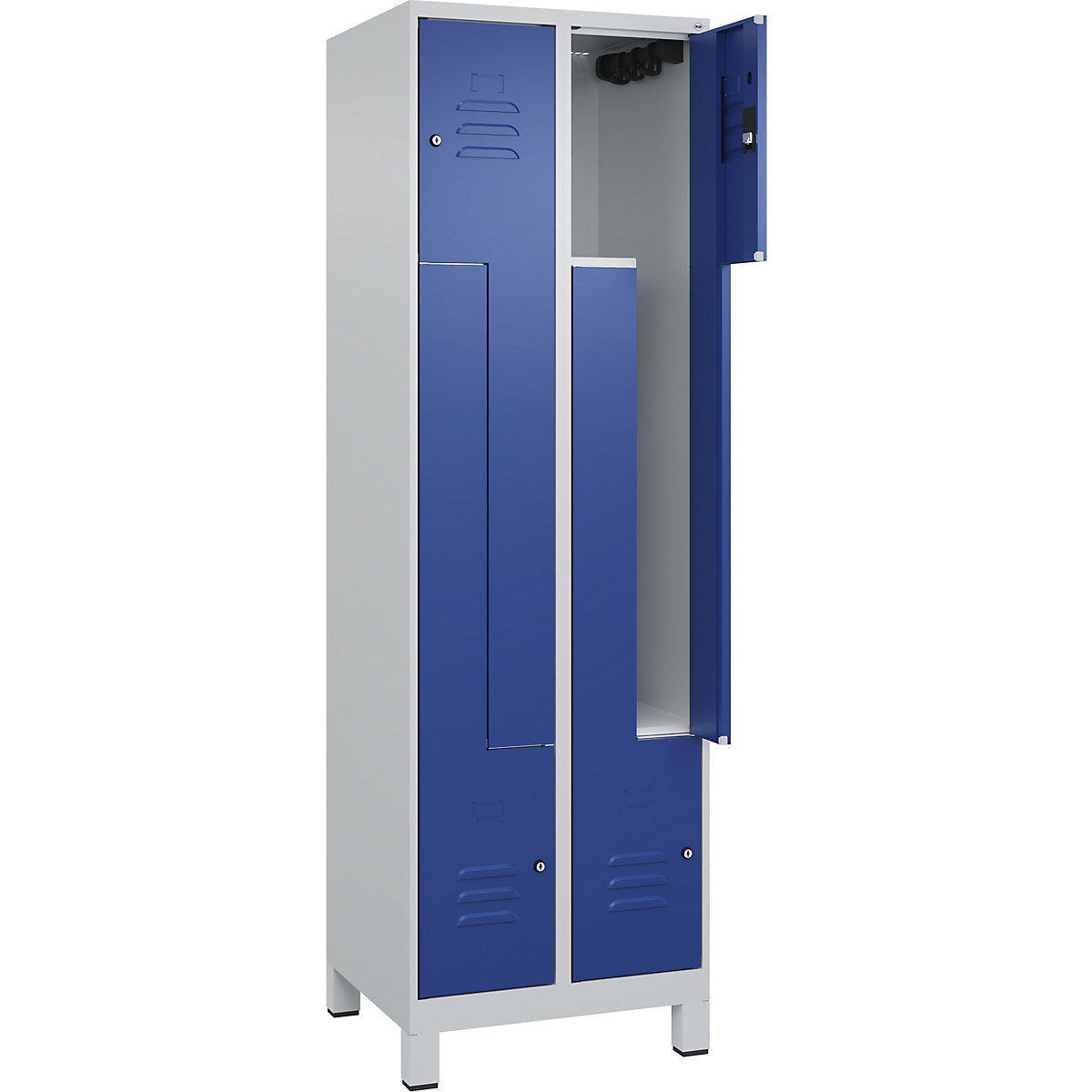 Cacifo em Z Classic PLUS – C+P, 2 compartimentos, cinzento claro/azul genciana, L 600 mm, com pés, fechadura de cilindro-0