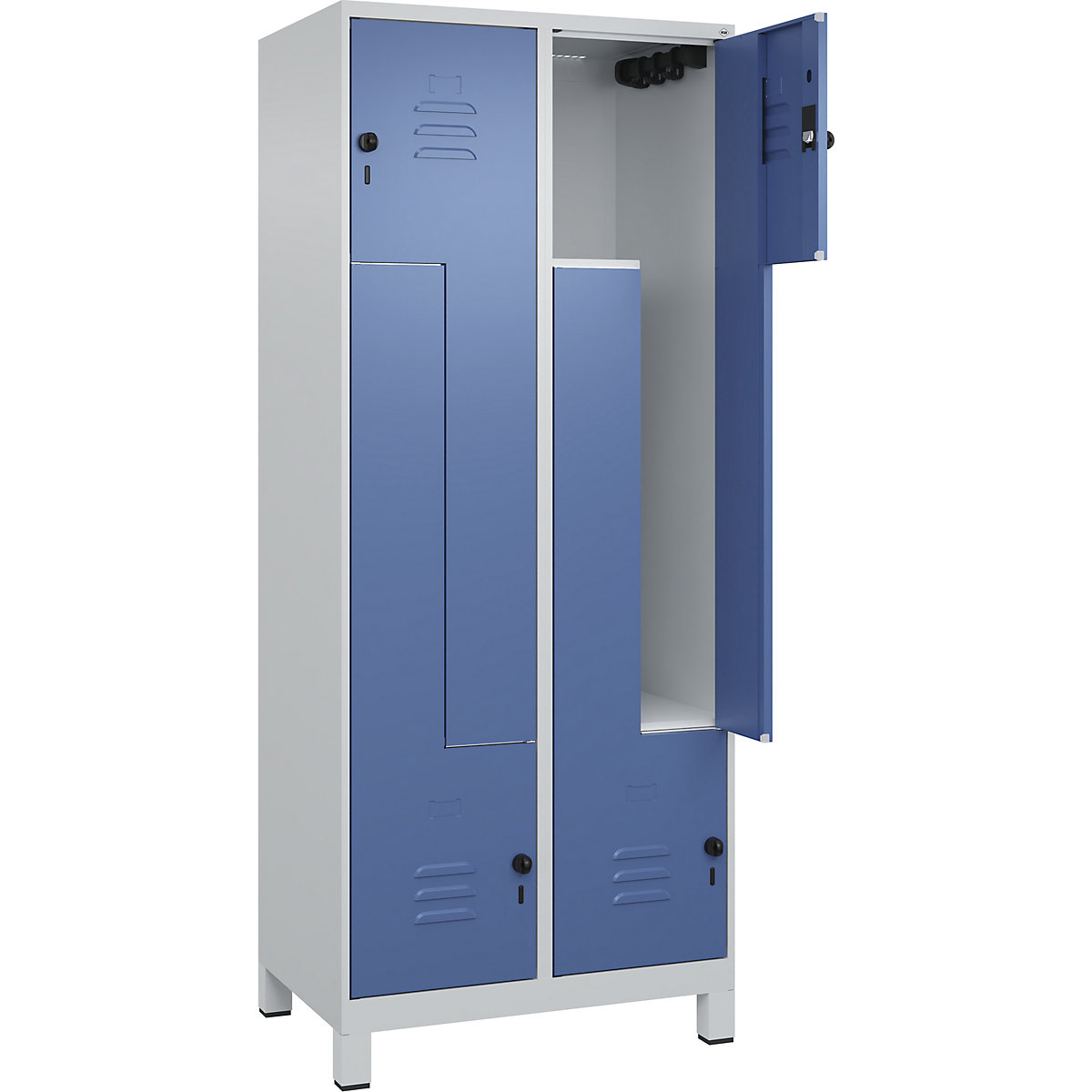 Cacifo em Z Classic PLUS – C+P, 2 compartimentos, cinzento claro/azul distante, L 800 mm, com pés, trinco rotativo-0