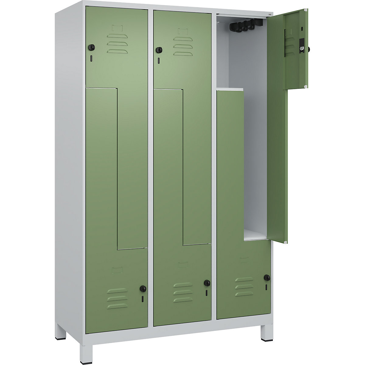 Cacifo em Z Classic PLUS – C+P, 3 compartimentos, cinzento claro/verde reseda, L 1200 mm, com pés, trinco rotativo-0