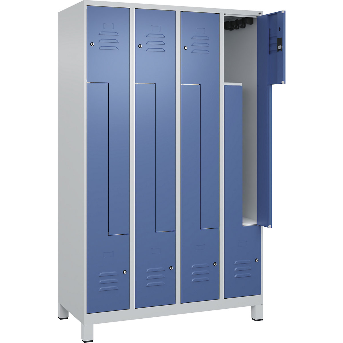 Cacifo em Z Classic PLUS – C+P, 4 compartimentos, cinzento claro/azul distante, L 1200 mm, com pés, fechadura de cilindro-0
