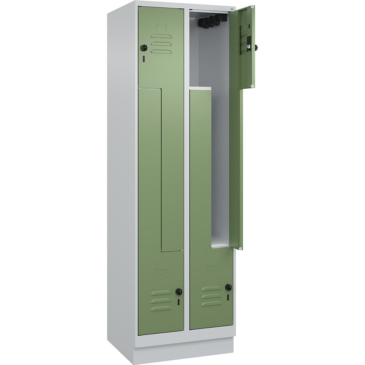 Cacifo em Z Classic PLUS – C+P, 2 compartimentos, cinzento claro/verde reseda, L 600 mm, com rodapé, trinco rotativo-0