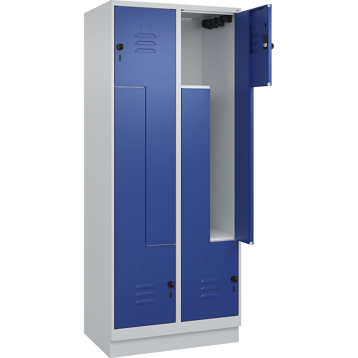 Cacifo em Z Classic PLUS – C+P, 2 compartimentos, cinzento claro/azul genciana, L 800 mm, com rodapé, trinco rotativo-0