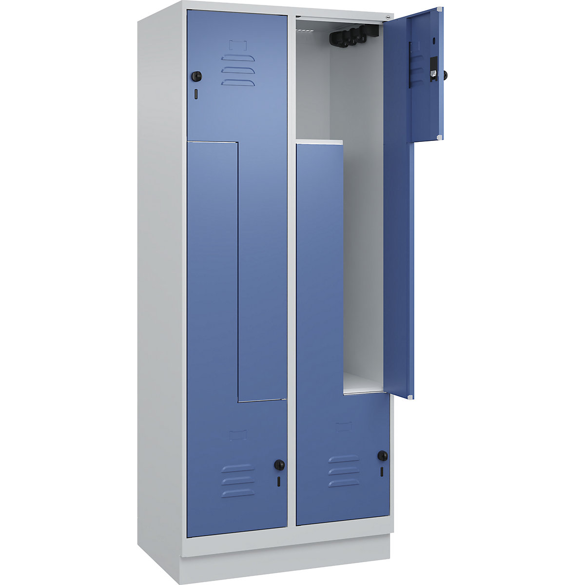 Cacifo em Z Classic PLUS – C+P, 2 compartimentos, cinzento claro/azul distante, L 800 mm, com rodapé, trinco rotativo-0