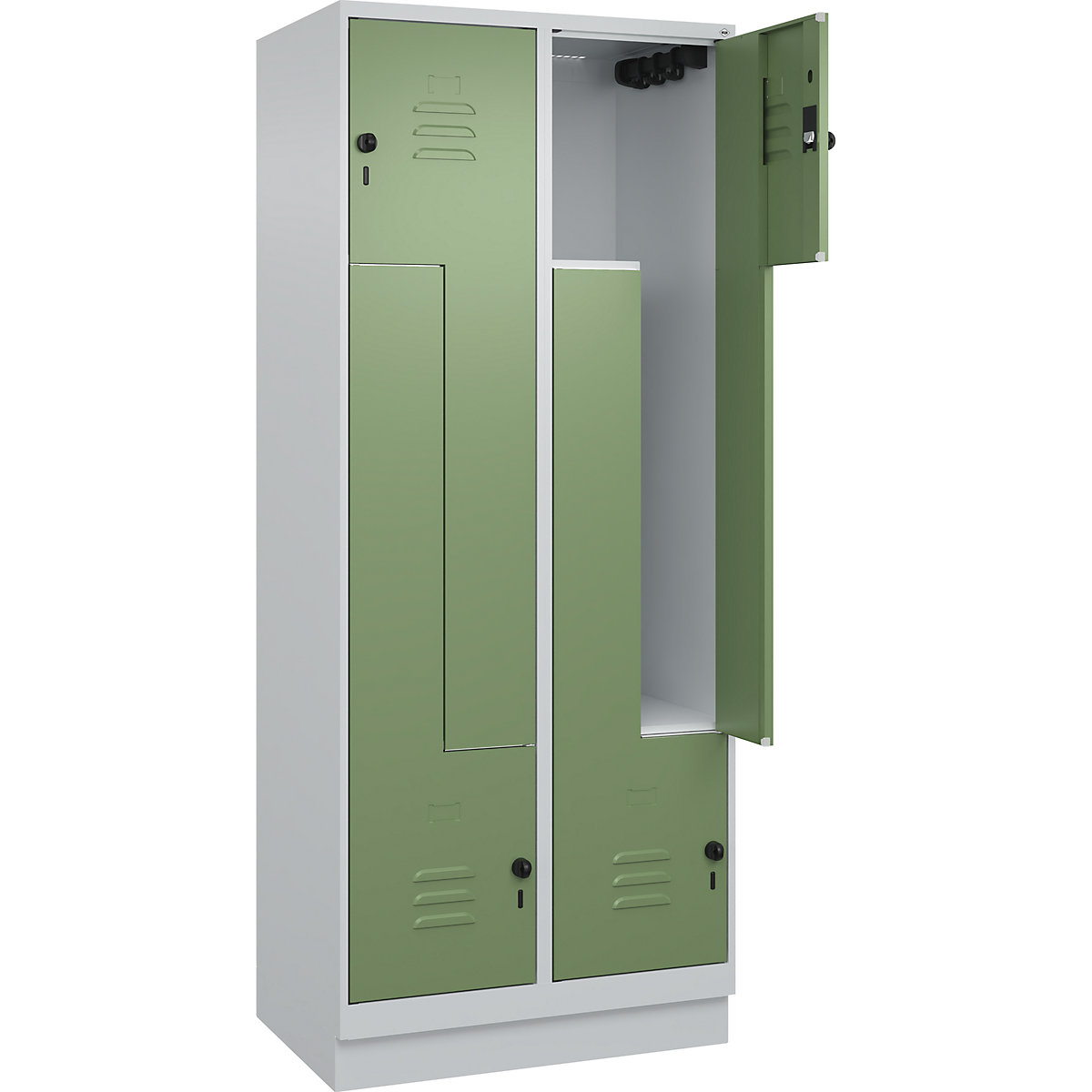 Cacifo em Z Classic PLUS – C+P, 2 compartimentos, cinzento claro/verde reseda, L 800 mm, com rodapé, trinco rotativo-0