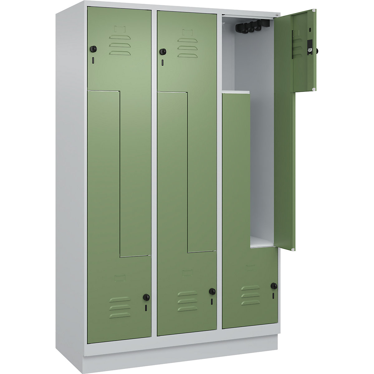 Cacifo em Z Classic PLUS – C+P, 3 compartimentos, cinzento claro/verde reseda, L 1200 mm, com rodapé, trinco rotativo-0