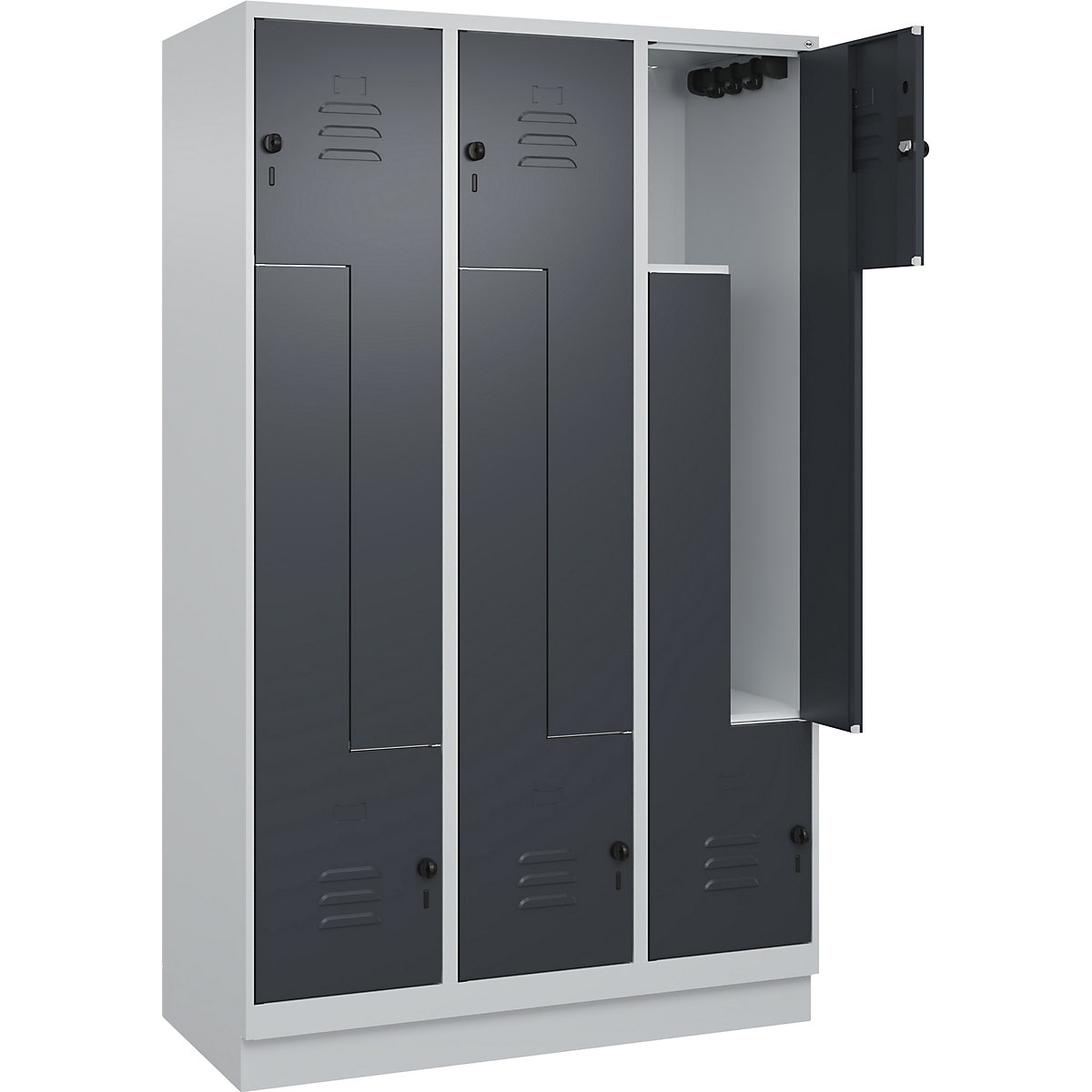 Cacifo em Z Classic PLUS – C+P, 3 compartimentos, cinzento claro/cinzento, L 1200 mm, com rodapé, trinco rotativo-0
