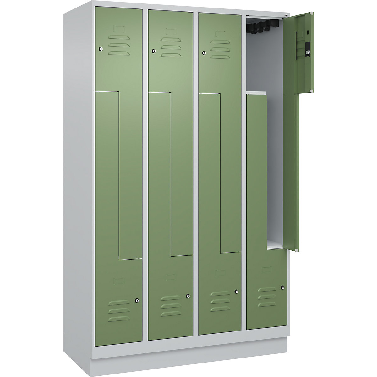 Cacifo em Z Classic PLUS – C+P, 4 compartimentos, cinzento claro/verde reseda, L 1200 mm, com rodapé, fechadura de cilindro-0