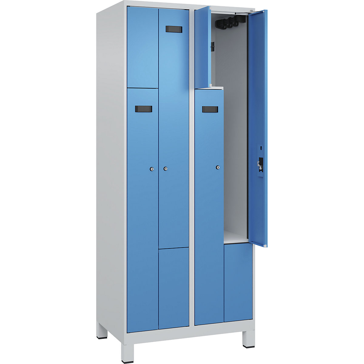 Cacifo em Z Evolo PLUS, 2 compartimentos, cinzento claro/azul claro, L 800 mm, 4 compartimentos, com pés largos, fechadura de cilindro-0