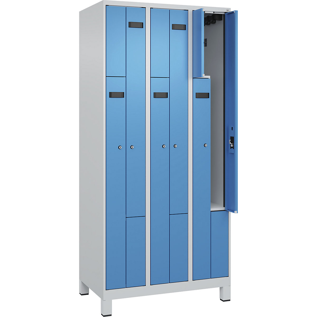 Cacifo em Z Evolo PLUS, 3 compartimentos, cinzento claro/azul claro, L 900 mm, 6 compartimentos, com pés largos, fechadura de cilindro-0