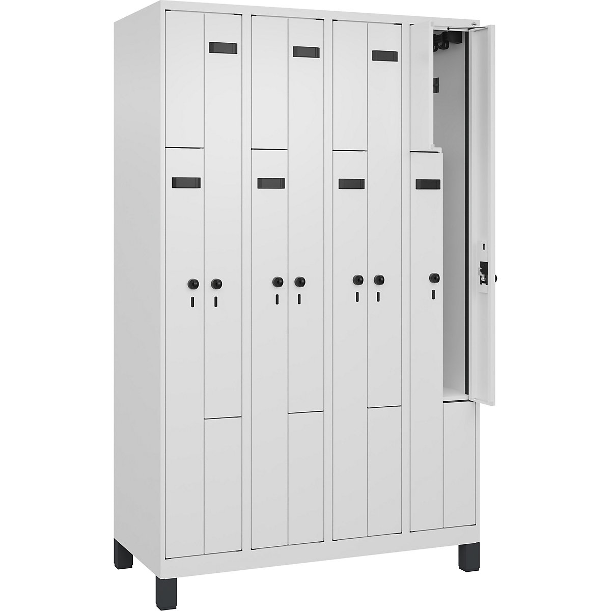 Cacifo em Z Evolo PLUS, 4 compartimentos, branco, L 1200 mm, 8 compartimentos, com pés largos, trinco de segurança rotativo-0